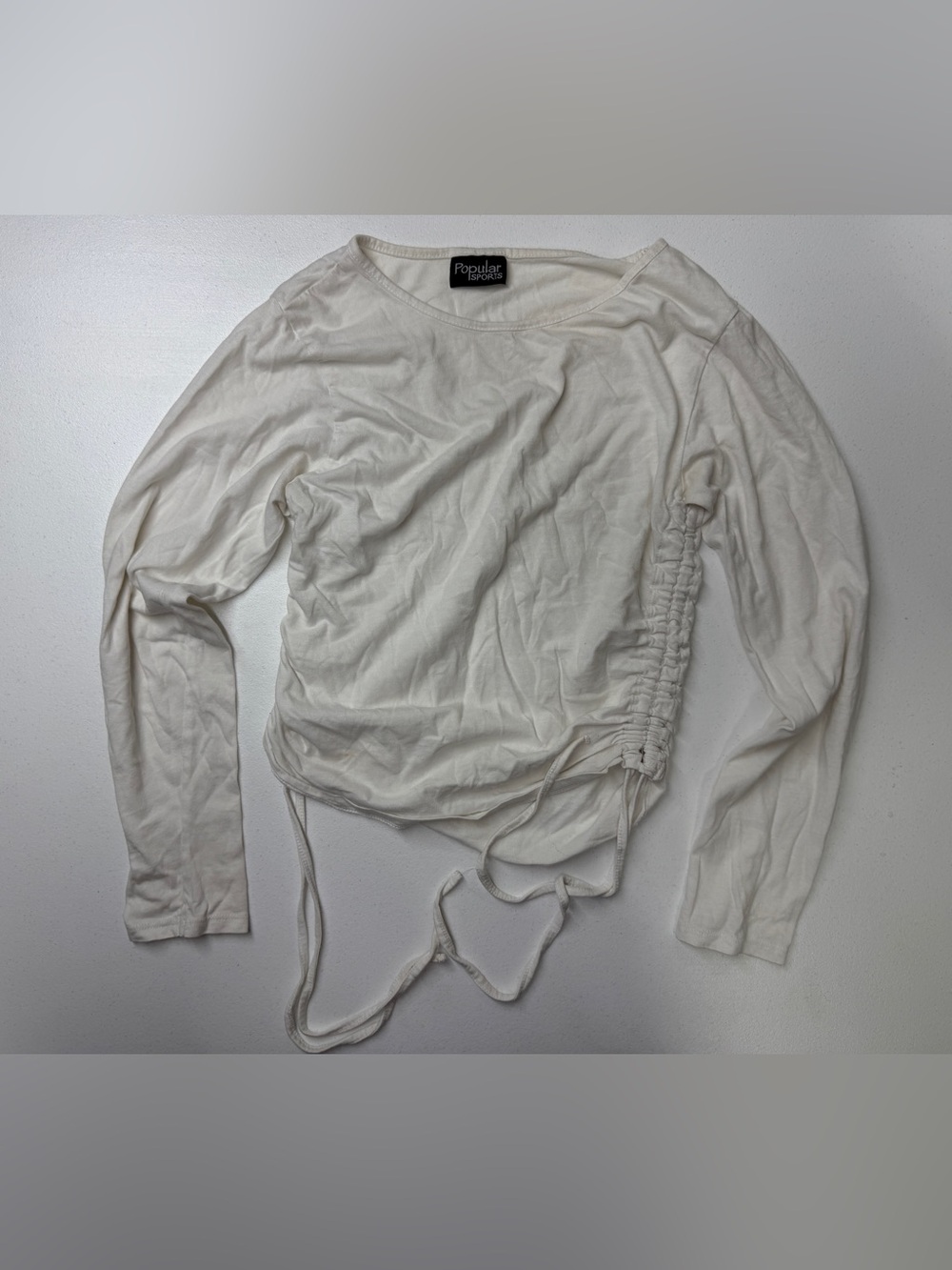 Popular Sports Y2K White Ruched Drawstring Long Sleeve Top Size S